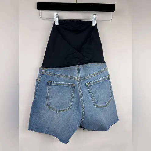 Isabel Maternity Mid Short Denim Jean Shorts Blue Raw Hem Crossover Panel Size 2