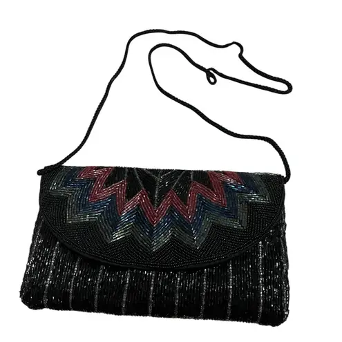 Vintage ADG Beaded Chevron Clutch – 80s/90s Rainbow Glam Black
