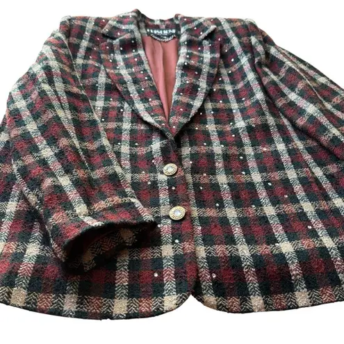 Vintage 80’s Criscione New York Blazer Jacket Plaid Red Green Size Large Bling