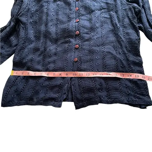 Vintage Passports Pier 1 long sleeve semi sheer navy embroidered button up top L Blue Size L
