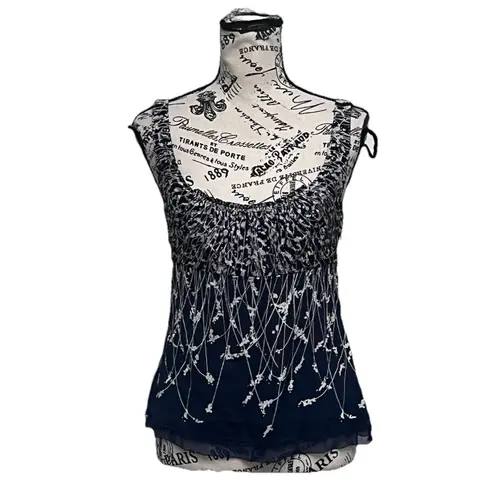 Elie Tahari Blue Floral Silk Satin Blouse Women’s M Fairy Cottagecore Coquette