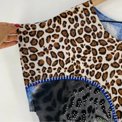 Sheer Lightweight Mesh Mixed Prints Leopard Floral Rhinestone Embellished Tunic Blue Size 1X