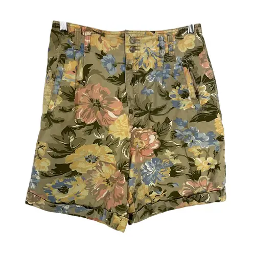 Gloria Vanderbilt Vintage floral green yellow pink blue jean shorts M elastic