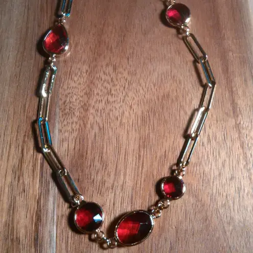 Simulated Ruby Ion Plate Yellow Gold Stainless Steel Paperclip Necklace