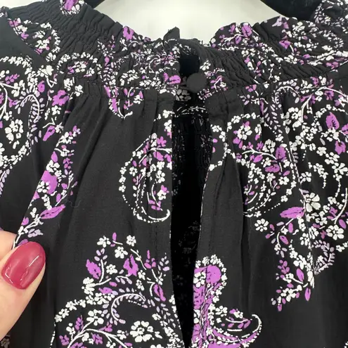 Loft  Black Paisley Print Long Sleeve Smocked Neck Ruffle Sleeve Blouse XL