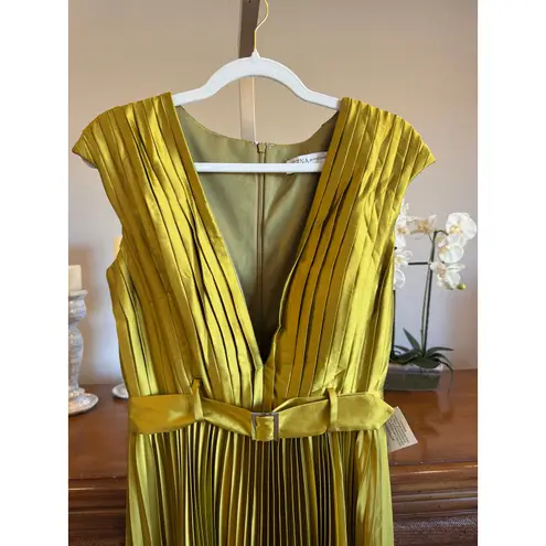 Mac Duggal Pleated Midi Dress Chartreuse Belted V Neck Size 6 NWT - Image 3