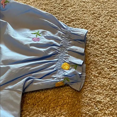 English Factory Floral Embroidered Puff Slv Babydoll Powder Blue Multi XS *flaw