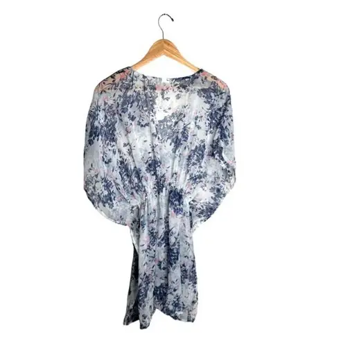 Floral Cover Up One Size Sheer White Blue Purple Knee Length V Neck Lightweight
