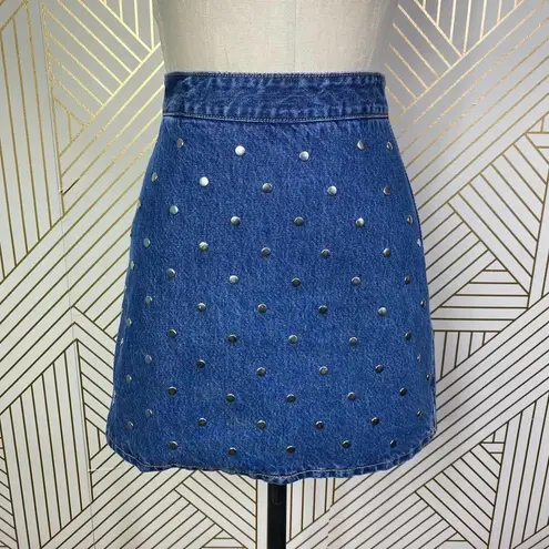 Ganni Studded High Waist Organic Denim Mini Skirt Blue Y2K Streetwear 32 US 0