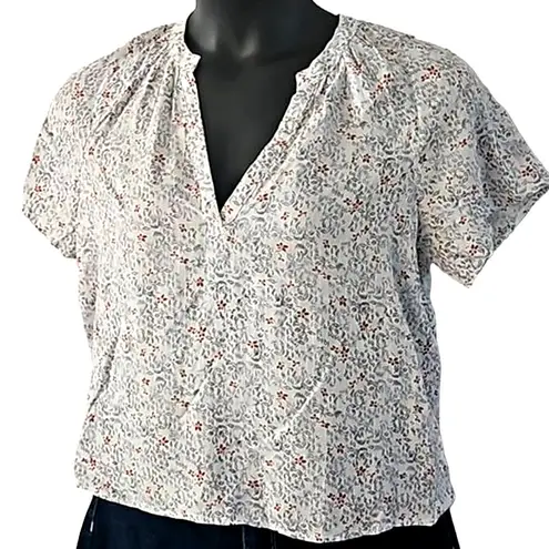 Melrose and Market Split Neck Top - Size Small, Blue Scrambled Floral and White