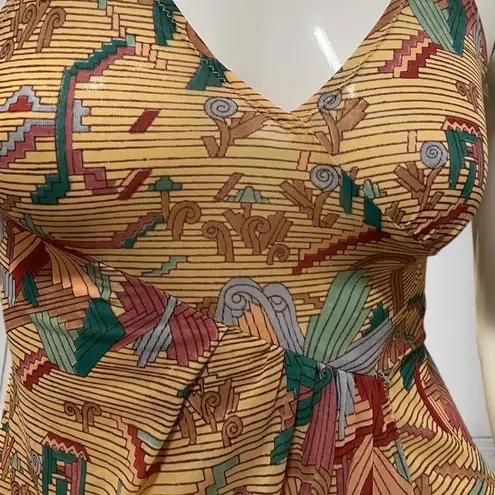 Vintage 1970s Huk A Poo Geometric Maxi Novelty Print Open Slit Dress XS Tan Size M