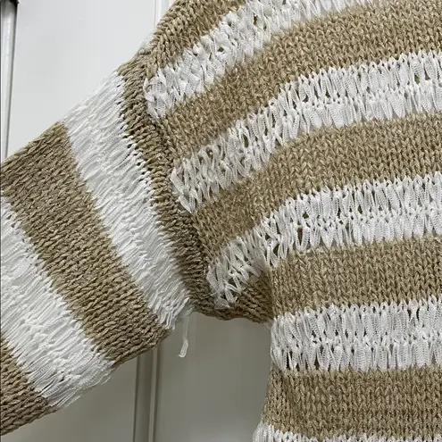 John + Jenn Women's Tan and White Loose Knit Long Line Stripe Sweater - Sz Small