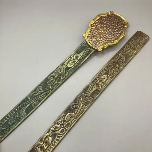 VTG Streets Ahead Belt M Rhinestone Tooled Leather Multicolor Western Artsy 90s Gold