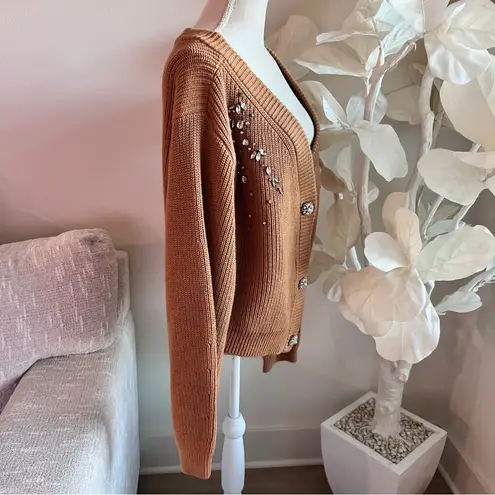 Self Portrait Diamanté Embellished Knit Tan Wool And Cotton Mix Cardigan Brown Size XL