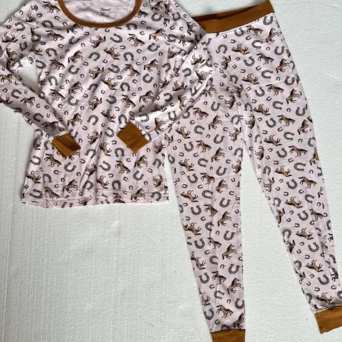 Leveret Women Small Horse Pink Brown Horseshoe Cotton Pajamas Western Cowgirl