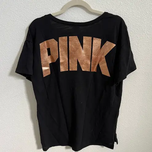 PINK - Victoria's Secret PINK Victoria’s Secret black vneck short sleeve tee rose gold bling front & back