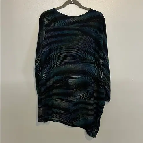 Clara Sun Woo Lightweight Cozy Poncho Sleeve Sweater Tunic Peacock Pinstripe XL Blue