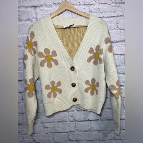 Industry Flower Power Button Cropped Cardigan Cream Tan V Neckline