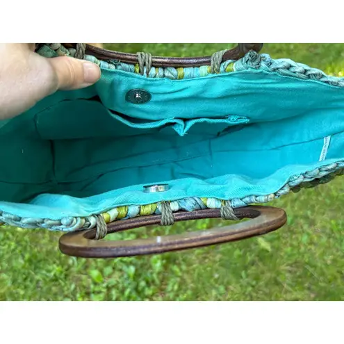 Coldwater Creek Woven Raffia Satchel Handbag Wood Handle Turquoise Green