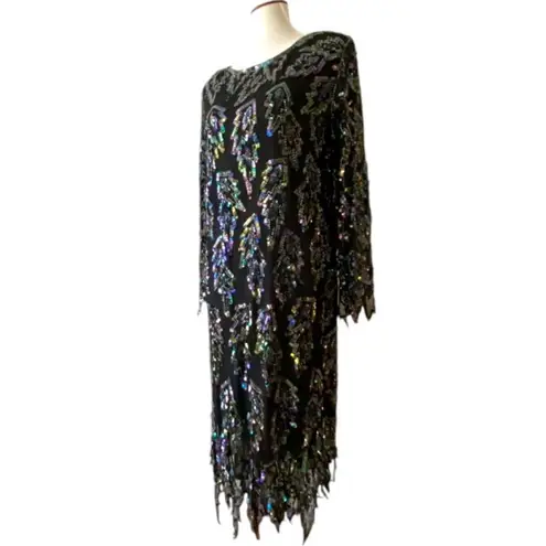 Vintage Cocktail Dress Medium Formal 80s Art Deco Beaded Holiday Party RARE Black
