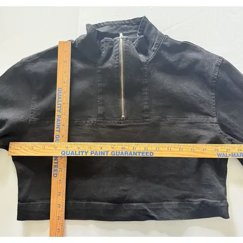 8th of LA Black Denim Cropped Pullover Jacket Quarter Zip Elastic Cuff Sz L Size L
