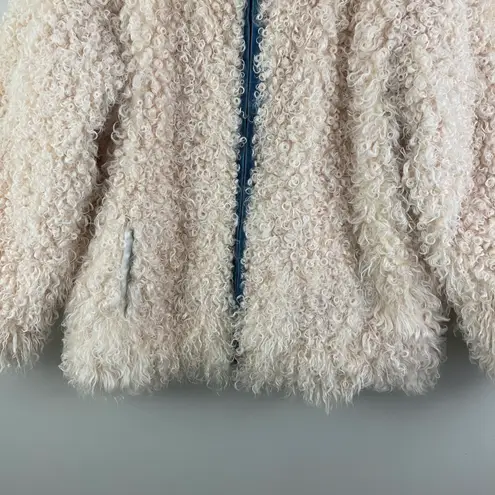 Vintage Y2K Reversible Denim Cream Curly Mongolian Lamb Sheep Fur Jacket Tan Size 6