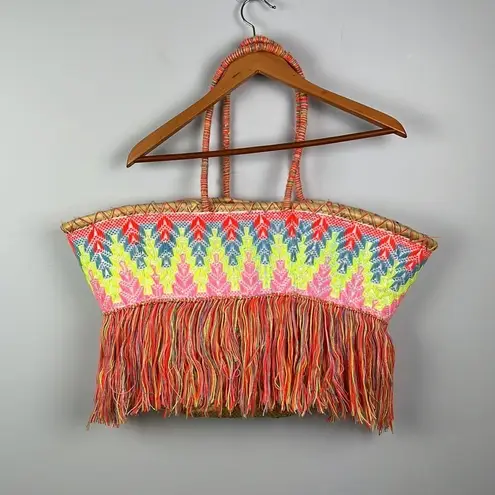 Moroccan straw colorful fringe basket bag Tan