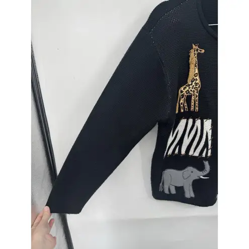 Crystal Kobe African Safari Patchwork Button Sweater Women XL Black Stitch Zebra