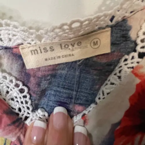 Miss Love Miss Love Maxi Dress Medium Blue Pink Floral Print Sleeveless Lace Trim Belt