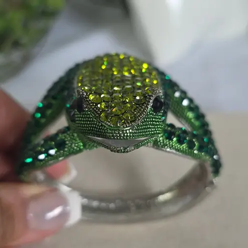 Silver Statement Bracelet Green Cubic Zirconia Frog Clamper Hinge