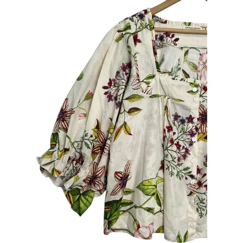 Christian Siriano Top Womens Large Floral Linen Blend Peasant Boho Festival