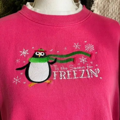 Vintage Christmas Winter Penguin Grannycore Double Crewneck Pink Sweatshirt Pink Size L