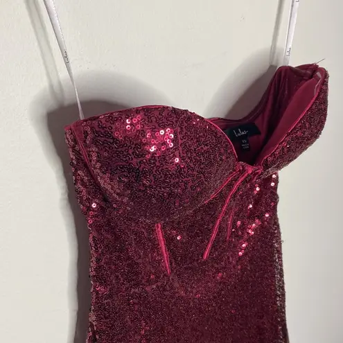 Lulus Boost Your Beauty Wine Red Sequin Strapless Bustier Midi Dress size XS