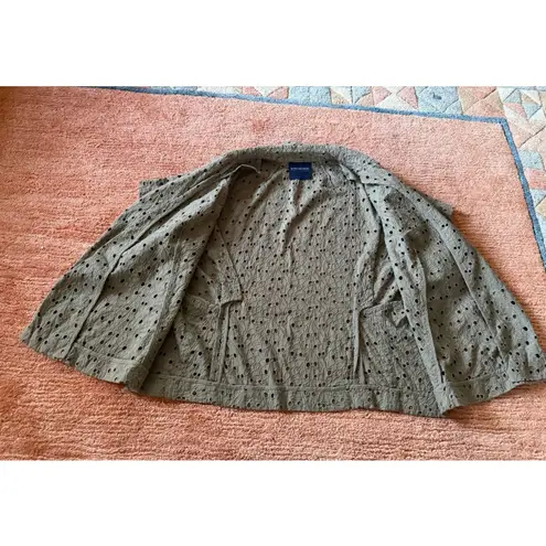 Magaschoni olive green eyelet open front short sleeve cotton cardigan blouse