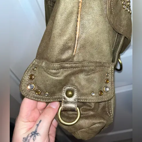 Kathy Van Zeeland Studded Olive Green/Gold Speckled Y2k Messenger Crossbody Bag