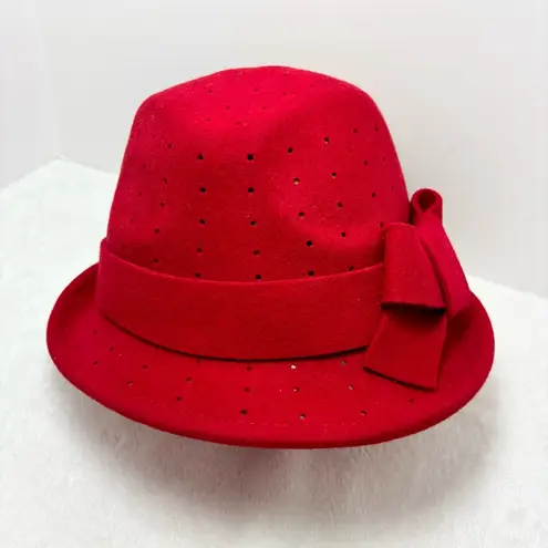 Midnight Velvet 100% Wool Fedora Red Hat with Bow