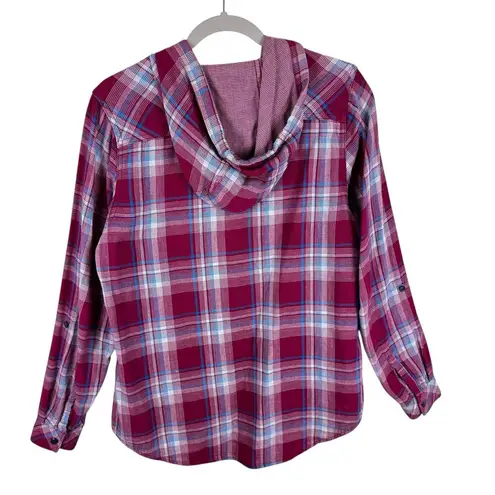 Boston Traders Pink Plaid Hooded Button Up Roll Tab Sleeve Flannel Shirt Size M