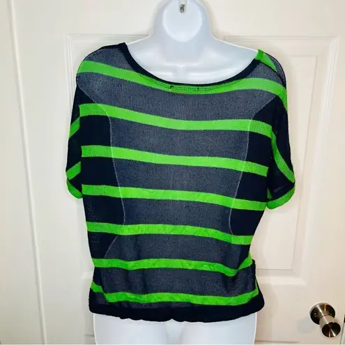 Chris & Carol Open Knit Dolman Short Sleeve Green Stripe Sweater Navy Blue S