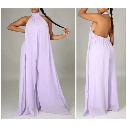 Women's Lavender Light Purple Halter Wide Leg Chiffon Backless Jumpsuit Size XL