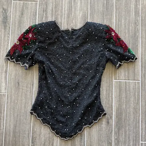 Laurence Kazar Brand Beautiful Black/Red Embellished Christmas Holiday Top Sz SM