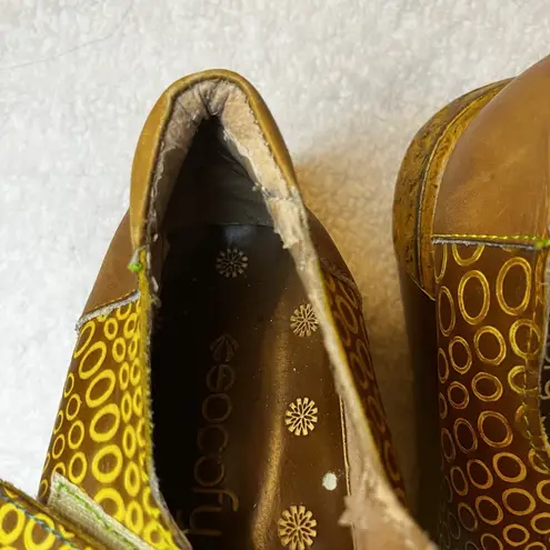 Socofy Leather 7 Mary Jane Shoe Flower Embossed Blue Yellow Green Platform Brown