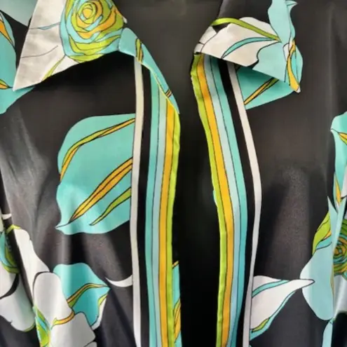 Russell Scott Silk Jacket 10 Black White Floral Open Front Collared Statement Blue