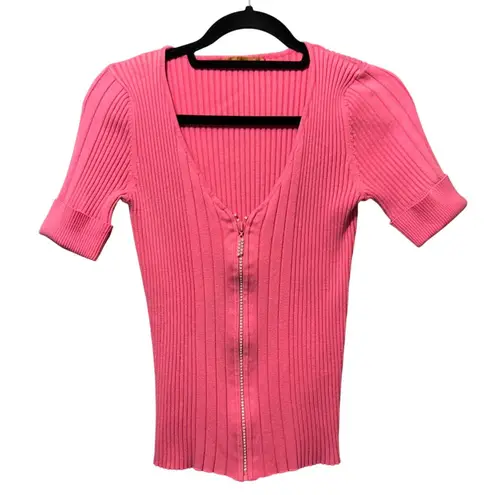 Beldini Belldini Y2K Pink Ribbed Knit Zip Front Rhinestone Short Sleeve Top Women Medium