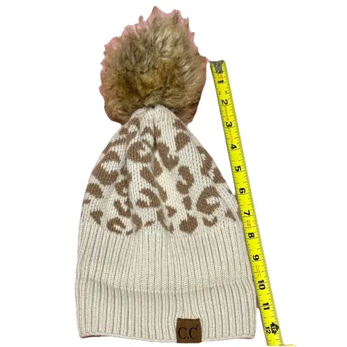 C.C. Leopard Print Knit Beanie Faux Fur Pom Womens Winter Hat Trendy Acrylic Tan
