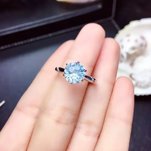 18K White Gold Plated Adjustable Blue Crystal Aquamarine Sapphire Ring for Women