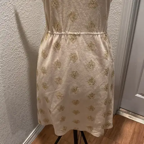 R & K Originals Vintage Short Cap Sleeve Midi Dress Tan & Gold Threaded Sz Small