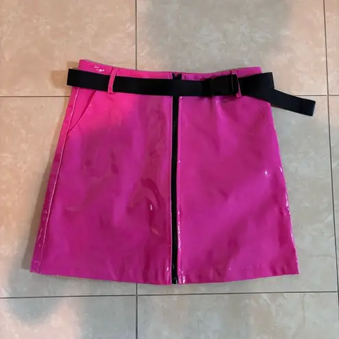 American Vintage Pink vinyl midi skirt black buckle belt. Size medium. Has black zipper closure