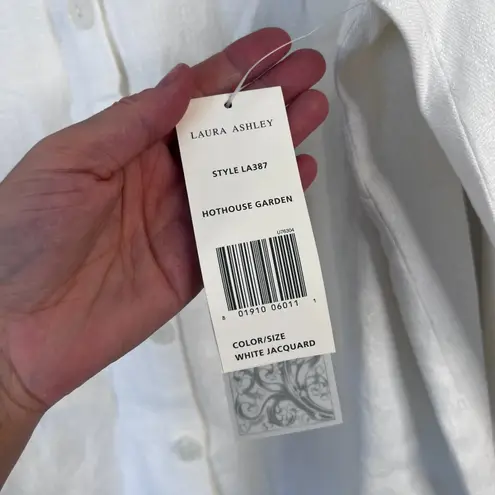 Laura Ashley NWT White Jacquard 100% Linen Button Up Blouse Size Large Neutral