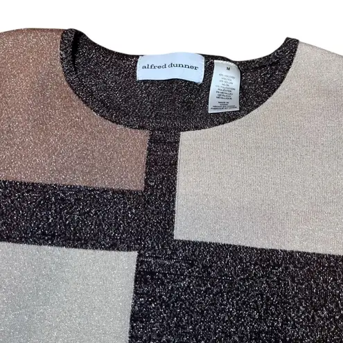 Alfred Dunner Geometric Patchwork Sparkle Knit Sweater Womens Medium Brown/Tan Brown
