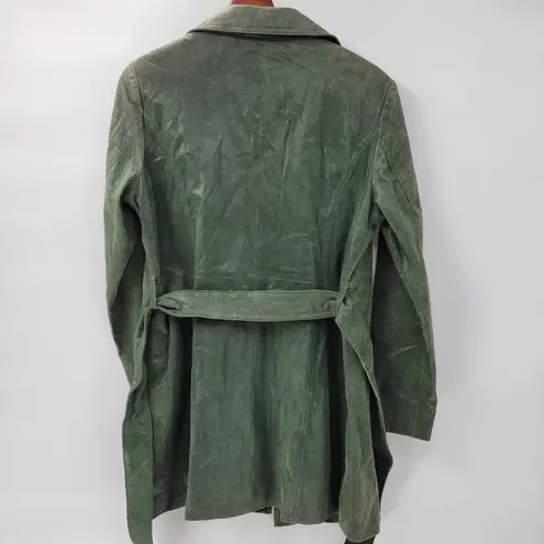 Kenar Green Leather Belted Trench Coat Womens 8 Jacket Liquid Embossed